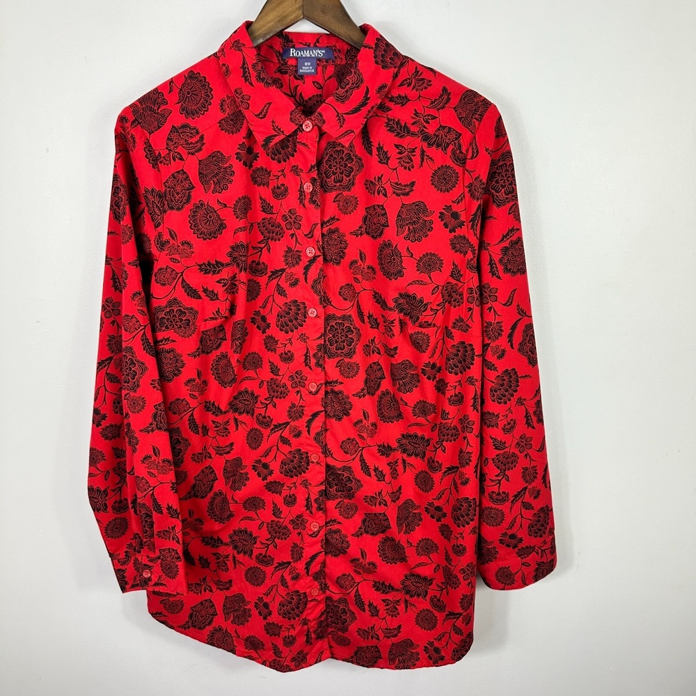 Roamans Blouse 18W Red Black Floral Button Front Long Sleeve Shirt Romantic Bold